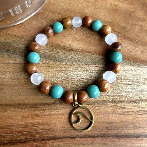 Hand Crafted Rosewood and Glass 8MM Bead Bracelet with Wave, 7"